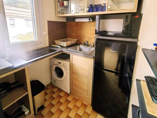 La cuisine est équipée d'un réfrigérateur noir et d'un lave-vaisselle. dans l'établissement Charmant T2 mezzanine, 5 pers, parking sécurisé, Proche Plage & Commerces - FR-1-607-63, au Cap d'Agde