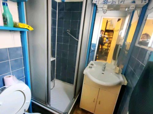 une salle de bain avec un lavabo, une douche et des toilettes dans l'établissement Charmant T2 mezzanine, 5 pers, parking sécurisé, Proche Plage & Commerces - FR-1-607-63, au Cap d'Agde