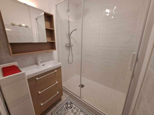 W łazience znajduje się prysznic, umywalka i toaleta. w obiekcie Appartement Marseillan-Plage, 2 pièces, 4 personnes - FR-1-326-707 w mieście Marseillan