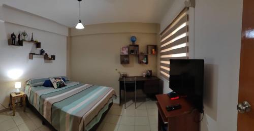 a bedroom with a bed and a desk and a television at Apartamento Céntrico 2 Dormitorios in Santa Cruz de la Sierra