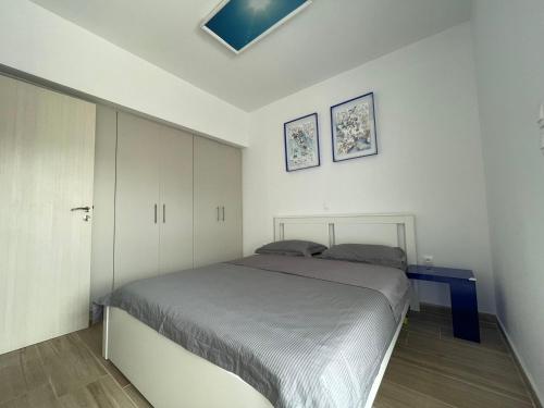 ein Schlafzimmer mit einem Bett in einem weißen Zimmer in der Unterkunft roofgarden apartment close subway station in Athen