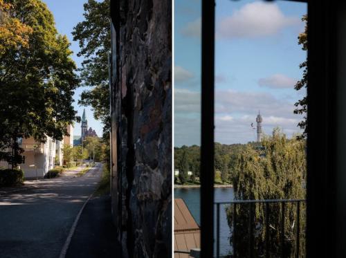 a view of a street from a window of a building at Brand new Studios Amidst Ancient Ruins Oasis in Stockholm
