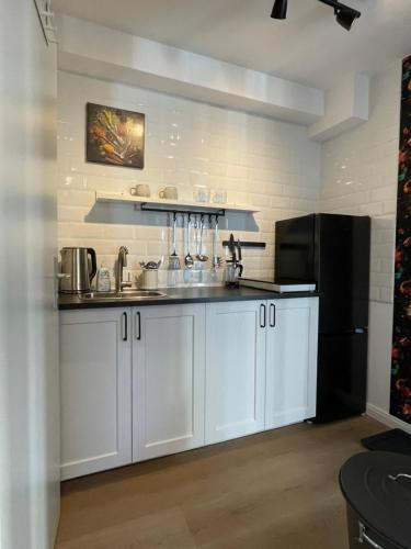 eine Küche mit weißen Schränken und einem schwarzen Kühlschrank in der Unterkunft Das Haus zur Rothen Thür 2 in Arnstadt