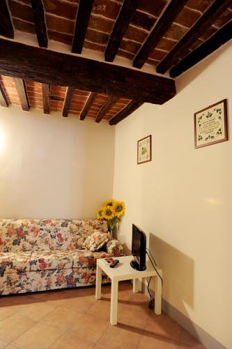 a living room with a couch and a table with a tv at Il Dormiglione in Foiano della Chiana