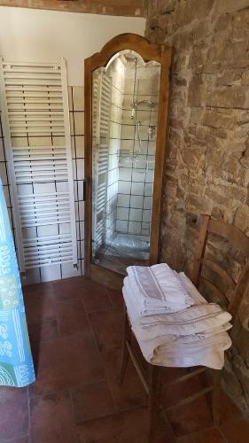 Zimmer mit Stuhl, Spiegel und Spiegel in der Unterkunft Agriturismo Corte del Gallo in Rivergaro
