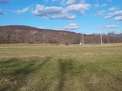 a field of grass with a clock tower in the distance at Mirni kutak in Donje Pazarište