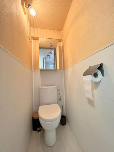 une petite salle de bain avec toilettes et miroir dans l'établissement Appartement 136, Port soleil village naturiste, au Cap d'Agde