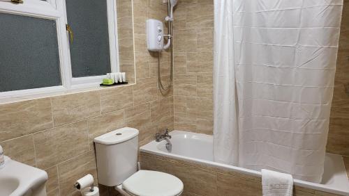 a bathroom with a toilet and a tub and a shower at Garland Modern Spacious Apartment With Garden in Edgware