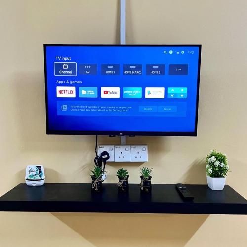a flat screen tv sitting on a shelf with plants at Indah Homestay, Pasir Gudang Johor in Pasir Gudang