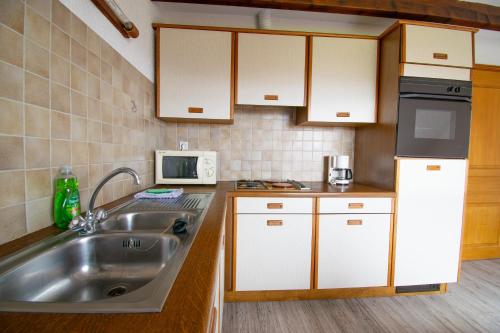 a kitchen with a sink and a microwave at Le Refuge des Merelles. (accepte les animaux) in Lapoutroie