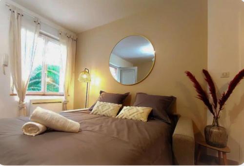 ein Schlafzimmer mit einem großen Bett und einem Spiegel in der Unterkunft Chez Augustin T2 cosy in Montauban