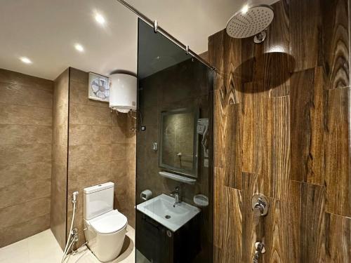 a bathroom with a toilet and a sink and a mirror at Narmer Pyramids View in Cairo