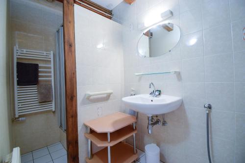 ein weißes Bad mit einem Waschbecken und einer Dusche in der Unterkunft Le Gîte des Près. (accepte les animaux) in Lapoutroie