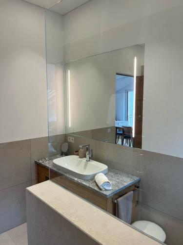 een badkamer met een wastafel en een spiegel bij Terlan Oberkreuth in Terlano