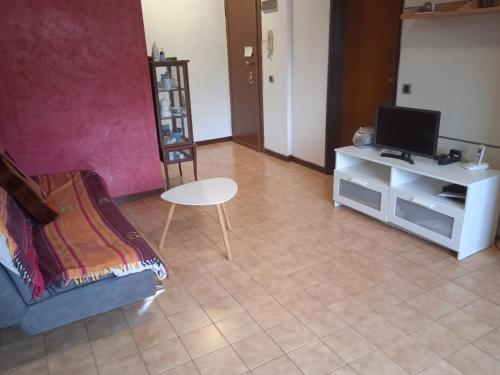 een woonkamer met een bank, een tv en een tafel bij La Casa di Boh, vicino ospedale San Paolo, Iulm, Forum Assago in Milaan