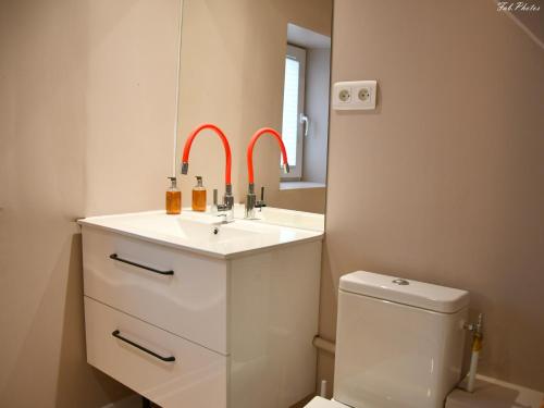 La salle de bains est pourvue d'un lavabo, de toilettes et d'un miroir. dans l'établissement Belgica-Melay 52400, à Melay