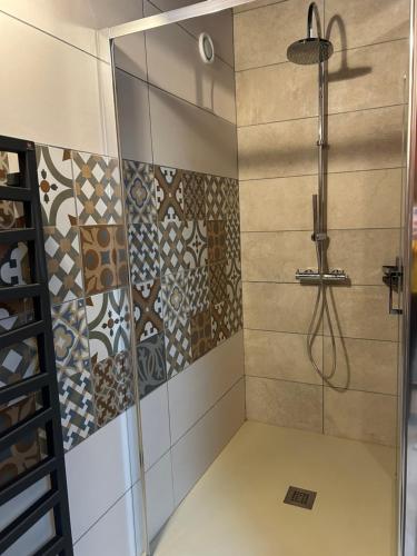 a shower with a glass door in a bathroom at Coeur de Pommard in Pommard