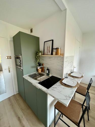 une cuisine avec un évier et un plan de travail dans l'établissement L’Oliveraie, à Lille