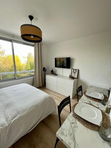 - une chambre avec 2 lits, une table et une télévision dans l'établissement L’Oliveraie, à Lille