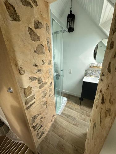 eine Steinmauer im Bad mit Dusche in der Unterkunft Maison de pêcheur Etel in Étel