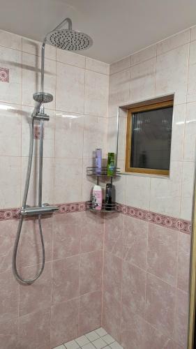 a shower in a bathroom with a tiled wall at Homestay 99, Tartu, Ihaste in Tartu