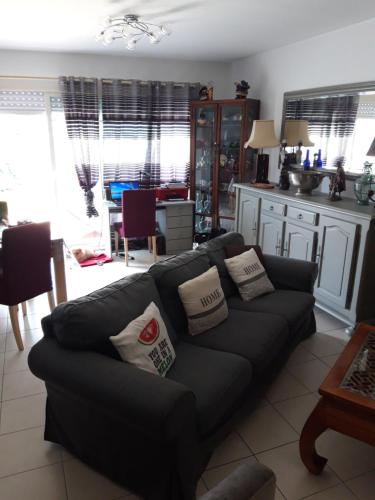 - un salon avec un canapé noir et des oreillers dans l'établissement Maison confort entre Bassin et Ocean, à Lège-Cap-Ferret