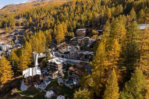 an aerial view of a large house in a forest at CERVO Mountain Resort in Zermatt
