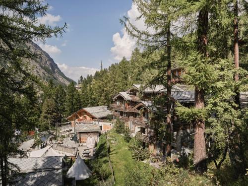 an aerial view of a village in the mountains at CERVO Mountain Resort in Zermatt