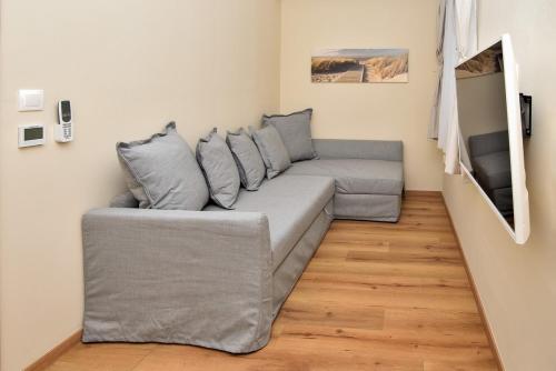 a living room with a couch with pillows at Palmy Apartmanhouse Maglód in Maglód