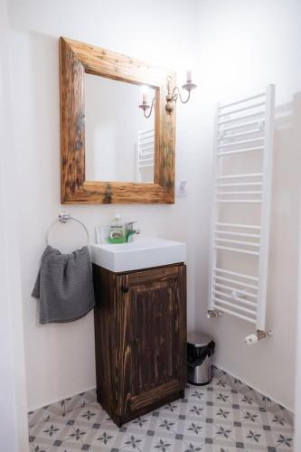 a bathroom with a sink and a mirror at Miniszteri House in Băile Tuşnad