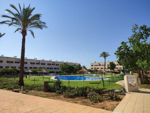 - une piscine dans un parc avec un palmier dans l'établissement Apartamento Panoramica Golf, à Sant Jordi