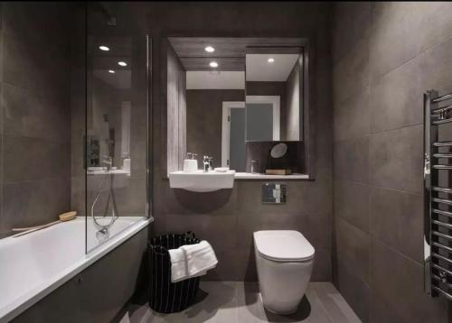 een badkamer met een toilet, een wastafel en een spiegel bij Comfort by Mertru in Birmingham