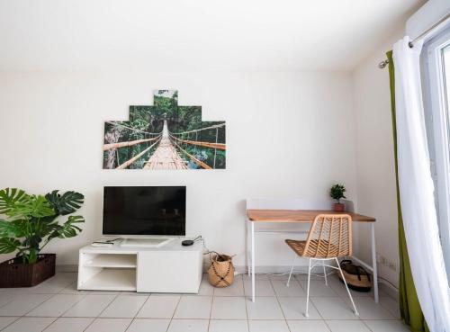 Cette chambre comprend un bureau avec un ordinateur et une télévision. dans l'établissement Le Messidor - Terrasse Rives du Lez, à Montpellier