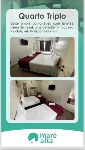 two pictures of a hotel room with two beds at Pousada Maré Alta in Maceió