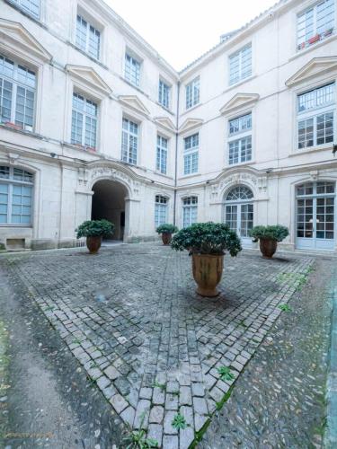 un grand bâtiment avec des plantes en pot devant lui dans l'établissement Le pianiste - Climatisation en coeur de ville, à Montpellier
