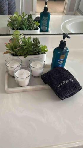 a tray with four bowls and a bottle of soap at Lovely Woodlands home w/heated pool and spa! in Spring