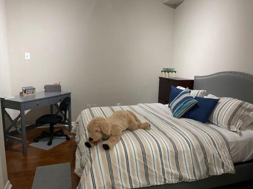 a stuffed teddy bear laying on top of a bed at Lovely Woodlands home w/heated pool and spa! in Spring