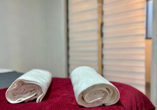 two rolled towels sitting on top of a bed at Enjoy Budget in Santiago