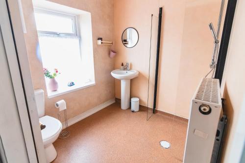 a bathroom with a toilet and a sink at A Perfect 1BD Getaway in Aberdare, South Wales in Aberdare