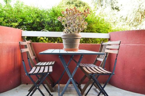- une table avec deux chaises et une plante en pot dans l'établissement Le Camarguais - TERRASSE ET PARKING, à Montpellier