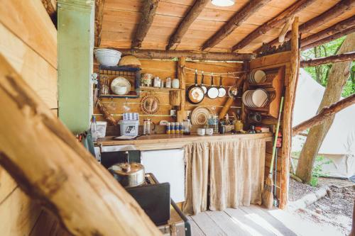 una vista interna su una cucina in una casa di Cuddfan Bach (The Little Hideaway) at Camp Plas a Welshpool