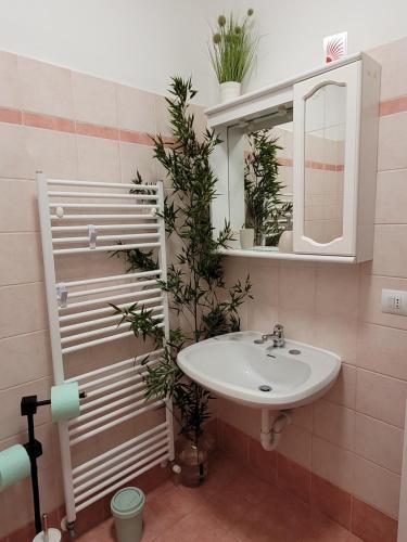 ein Badezimmer mit einem Waschbecken, einem Spiegel und Pflanzen in der Unterkunft appartamento PEACE&LAKE in Riva del Garda