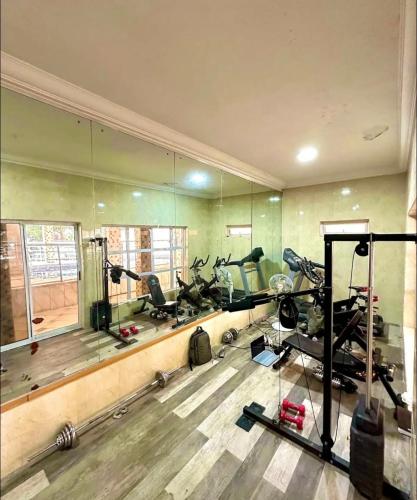 a gym with several tread machines and a large mirror at Executive suite escape in Lekki