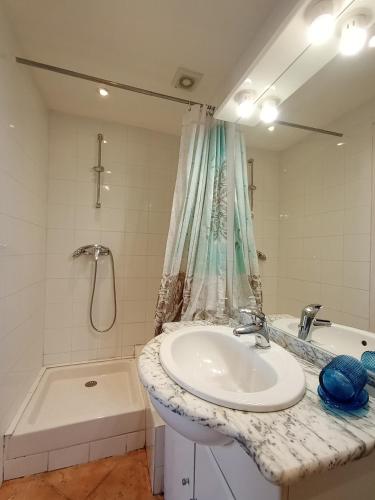 une salle de bain avec un lavabo, une douche et une baignoire dans l'établissement Maison de village, à Mollans-sur-Ouvèze
