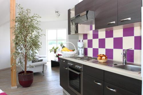 a kitchen with a purple and white checkered wall at Hôtel Des Bois in Seltz