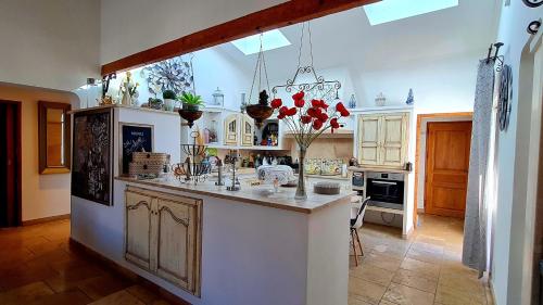 una cocina con una gran isla en una habitación en Villa Elisa, un paradis à Figari, en Figari