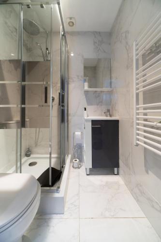 une salle de bain avec une douche, des toilettes et un lavabo dans l'établissement Les Stins - Appartements climatisés - centre ville, à Vichy