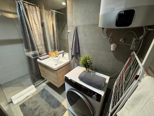 ein kleines Bad mit einem Waschbecken und einer Waschmaschine in der Unterkunft Emerald Apartment in Budapest