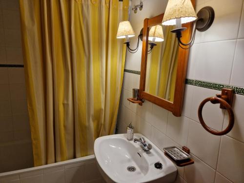a bathroom with a sink and a shower curtain at Casona Rey Fernando in Sos del Rey Católico