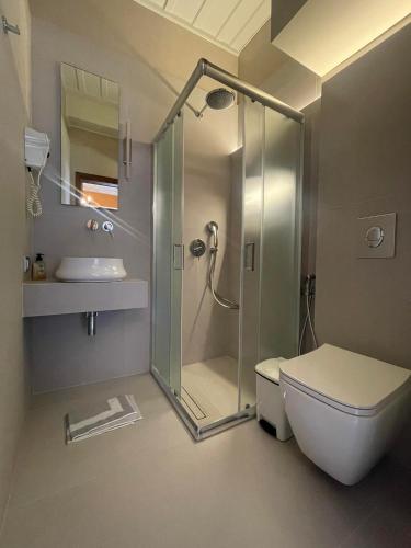 a bathroom with a shower and a toilet and a sink at Pension Isabo in Nafplio